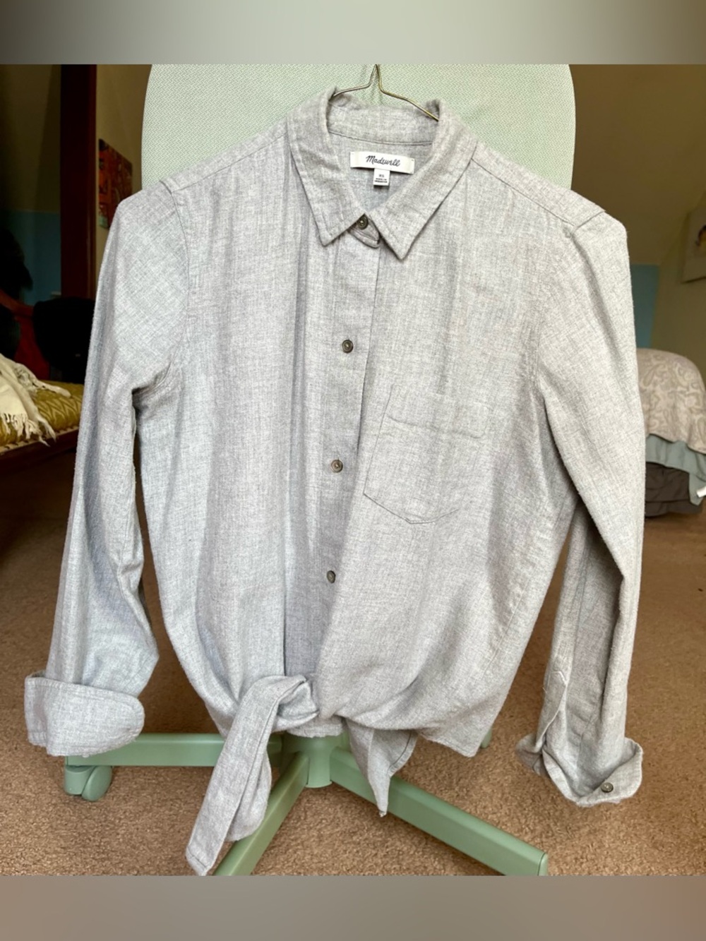 Madewell Women’s Light Gray Tie-Front Long-Sleeve Button-Up Shirt size XS